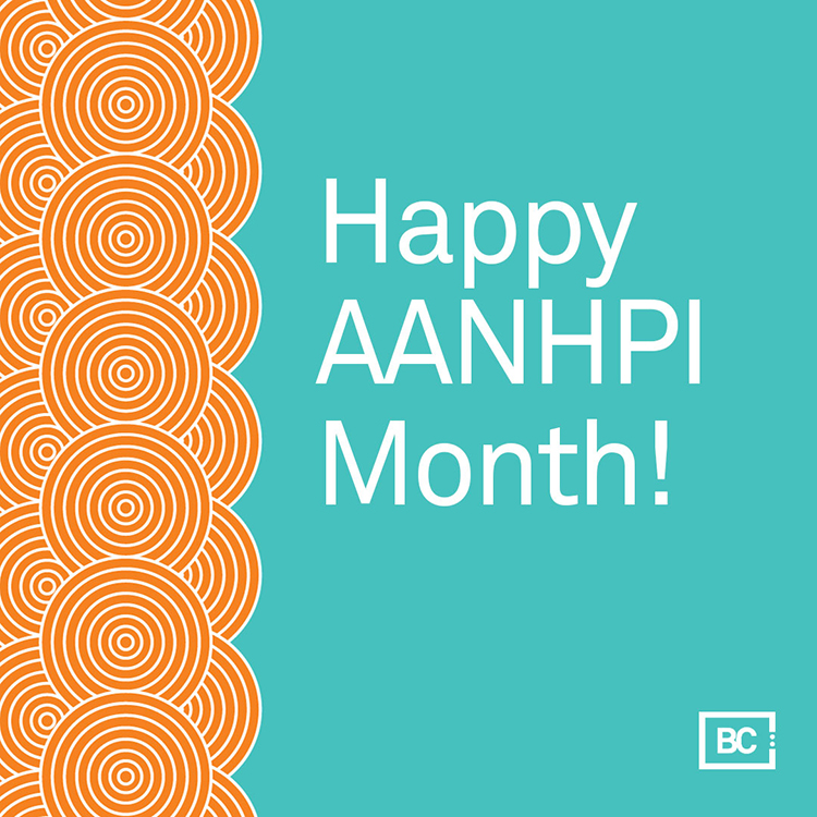 A light and bright graphic with orange swirls on the left on top of an aqua background. The text reads: Happy AANHPI Month!