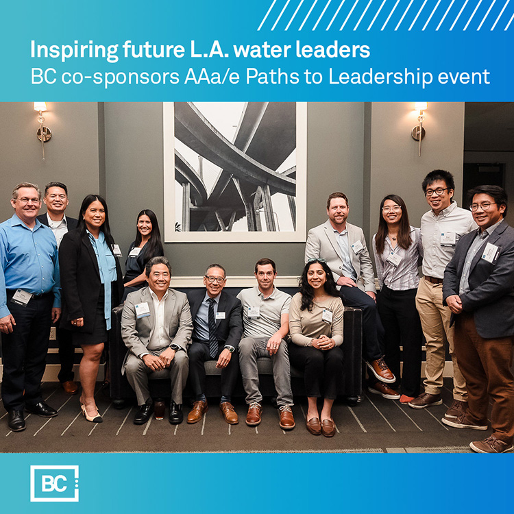 A group of men and women in business attire with some standing and others sitting pose for a photo after attending the Asian American Architects and Engineers Association's Paths to Leadership: AAPI Perspectives in the Water/Wastewater Sector in Los Angeles.